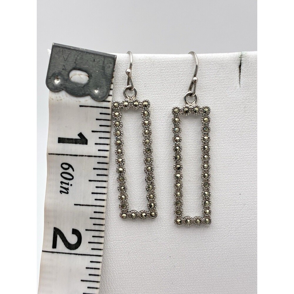 Maracasite Open Rectangular Sterling Silver Dangle Pierced Earrings 1.5” Tested - Picture 2 of 8